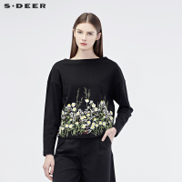 sdeer圣迪奥2019春装新款女圆领撞色刺绣落肩袖短款T恤S19180230