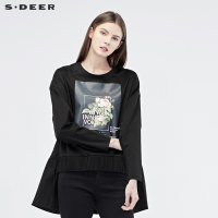sdeer圣迪奥2019春宽松字母印花松紧抽褶开衩摆圆领卫衣S19180221