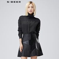 sdeer圣迪奥女装2018冬装设计感针织拼接纯黑上衣S16480507