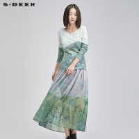 sdeer圣迪奥女2018秋装印象绿意印花针织衫套头圆领毛衣S16483548