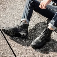 【比皮鞋尺码大一码】暖脚深棕色硬汉风格摩托马丁靴男拉链焦糖色黑色中统带毛单靴