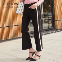 LIEDOW蕾朵黑色垂感阔腿裤女2019新款春直筒宽松显瘦九分休闲裤子