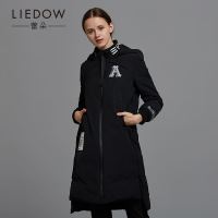 LIEDOW/蕾朵2018秋冬新款连帽黑色中长款羽绒服 时尚保暖淑女外套