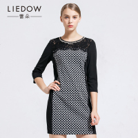 LIEDOW/蕾朵时尚春装新款女复古圆波点蕾丝拼接修身连衣裙子