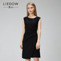 LIEDOW/蕾朵2018夏季新款圆领修身连衣裙女中长款裙子黑色连衣裙