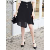 LIEDOW蕾朵2019新品夏黑色雪纺半身裙不规则女春雪纺A字长裙纯色