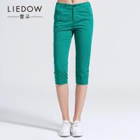 LIEDOW/蕾朵2017夏季舒适弹性绿色七分裤休闲纯色简约女士小脚裤
