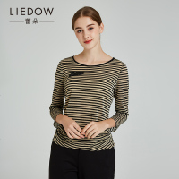 LIEDOW/蕾朵2018早秋新款条纹修身长袖T恤淑女圆领套头打底上衣女