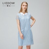 LIEDOW/蕾朵2018春夏新款翻领镂空假两件连衣裙中长款短袖连衣裙