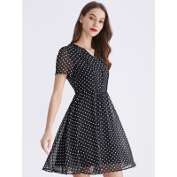 LIEDOW/蕾朵2019流行夏天裙子v领波点雪纺连衣裙时尚高腰a字裙女