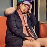 拉夏贝尔集团旗下粉色毛领面包服女冬季2018新款韩版学生宽松中长款羽绒服过膝外套 S 藏青