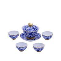 景德镇吉祥杯陶瓷盖碗茶杯 青花描金手绘茶具大号泡茶碗送礼三才杯吉祥