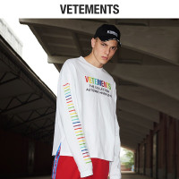 vetements男士纯棉T恤长袖男2018新款秋装衣服秋季打底衫秋装oversize彩色字母印花白色