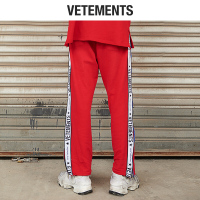 vetements针织裤休闲裤男运动2018新款直筒长裤织带刺绣慢跑裤裤子双织带红色