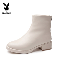 PLAYBOY/花花公子秋冬季加绒纯色休闲简约后拉链设计圆头粗跟时尚网红马丁机车靴女G13199255