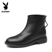 PLAYBOY/花花公子秋冬季加绒休闲简约圆头后拉链设计粗跟时尚网红马丁机车短靴女G13199257