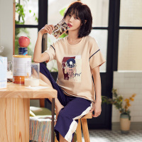南极人睡衣女夏季纯棉短袖学生清新可爱薄款韩版家居服七分裤两件套装