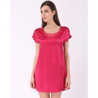 美帜女款真丝玫红刺绣花边家居服褶皱睡衣睡裙