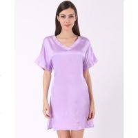 美帜女款桑蚕丝家居服粉紫V领宽松系带真丝睡衣睡裙