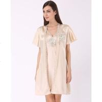 美帜女款牡丹花蕾丝花边刺绣睡衣真丝家居服睡袍两件套