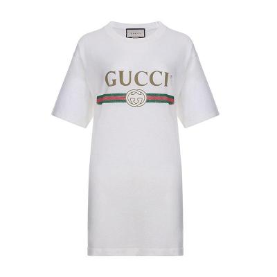 GUCCI 古驰 女士LOGO图案棉质中长款领口磨损短袖T恤 457095 X5L89