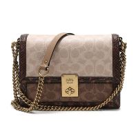 蔻驰(COACH)女士专柜款HUTTON系列经典标志手提单肩斜挎包棕褐色浅沙色拼色涂层帆布配皮 89068