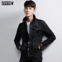 花花公子PLAYBOYJEANS2018秋季新款牛仔外套男士潮流韩版宽松夹克秋冬黑色上衣