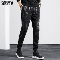 花花公子PLAYBOYJEANS休闲裤男 2018秋冬新品 个性织带迷彩棉弹修身舒适小脚休闲长裤