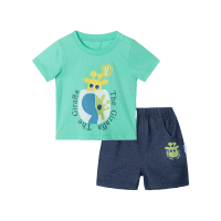 贝贝怡宝宝短袖套装春夏男童肩开纯棉上衣牛仔裤192T343