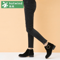 热风hotwind冬款女士拉链休闲靴短筒短靴女潮低跟加绒时装靴H82W7415