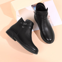 信诺真皮妈妈靴子女冬加绒中年短靴冬季45-50岁保暖中老年平底二棉鞋 8M832-13