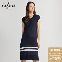 伊芙丽新款优雅V领短袖条纹针织连衣裙女