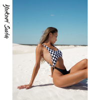 YukariSwim（日本原创品牌）欧美ins风时尚性感大露背黑白格子丁字裤比基尼连体泳衣泳装女