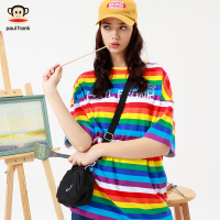 大嘴猴夏新款短袖T恤女彩色条纹韩版宽松上衣潮