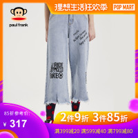 大嘴猴夏季新款裤子女宽松阔腿裤韩版印花九分裤 M 浅牛仔蓝