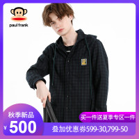 PaulFrank/大嘴猴春秋季新款格子长袖衬衫男连帽抽绳韩版宽松 M 墨绿色
