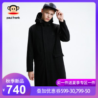 PaulFrank/大嘴猴秋冬新款毛呢大衣男外套连帽中长款风衣潮 M 黑色