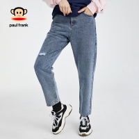 大嘴猴春秋季新款牛仔裤女直筒宽松休闲潮破洞刺绣 牛仔蓝 M