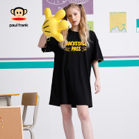 大嘴猴 夏季新款连衣裙女韩版印花荷叶袖宽松中裙 黑色