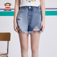 大嘴猴夏季新款牛仔裤女韩版潮深色刺绣破洞短裤 S 牛仔蓝色