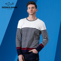 古老鲨鱼新款长袖T恤男秋季圆领条纹拼接时尚长袖体恤衫男士7