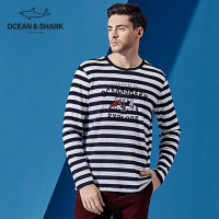 古老鲨鱼新款时尚条纹T恤刺绣圆领长袖T恤男士7
