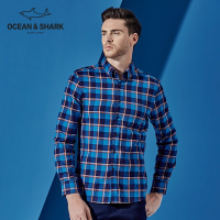 古老鲨鱼秋冬新款男士商务休闲长袖衬衫撞色方领格子衬衣男