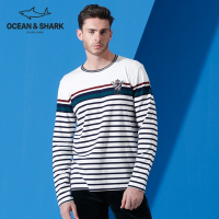 古老鲨鱼2018新款春长袖T恤男秋季拼接时尚T恤圆领条纹长袖体恤衫