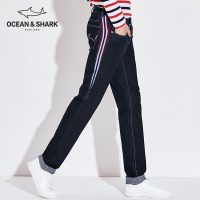 古老鲨鱼2018新款春秋牛仔裤男直筒裤宽松侧条纹休闲裤港风牛仔裤