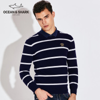 古老鲨鱼2018新款秋冬季圆领修身长袖针织衫毛衣刺绣条纹男羊毛衫