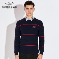 古老鲨鱼18羊毛衫男薄款圆领条纹套头毛衣男士长袖打底针织衫秋冬