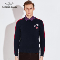 古老鲨鱼条纹拼接毛衣男装羊毛衫男秋冬季圆领宽松长袖针织打底衫