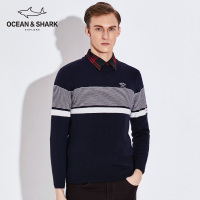 古老鲨鱼圆领2018秋冬季 青年时尚条纹新款针织衫套头男士毛衣