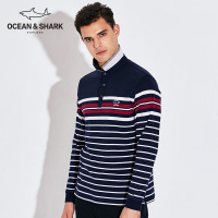 古老鲨鱼欧洲站男装翻领撞色条纹T恤男长袖纯棉刺绣polo衫